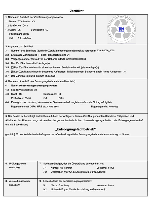 zertifizierter Entsorgungsfachbetrieb: Molter - Hollinger Containerdienst